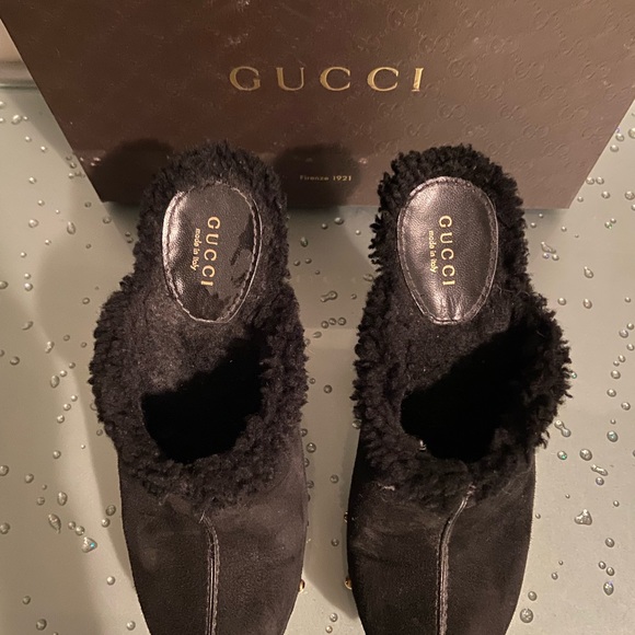 GUCCI Black Suede Leather Fur Lined Platform Stud Clogs Heels Size 37.5 - Picture 2 of 8